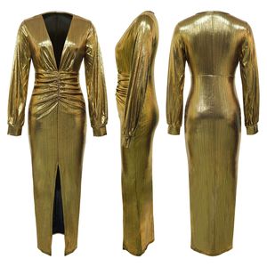 Abito Midi Metallizzato a <span class=keywords><strong>Maniche</strong></span> <span class=keywords><strong>Lunghe</strong></span> da Donna - <span class=keywords><strong>Vestito</strong></span> Aderente con Scollo a V Profondo e Arricciature per Feste Sehe Fashion - Product Image 5