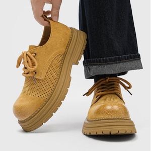 Chaussures décontractées pour hommes en cuir véritable, semelle épaisse, design ajouré respirant, à lacets, pour la marche - Product Image 3