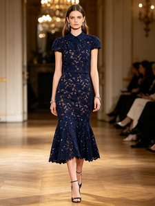 Abiti Midi <span class=keywords><strong>con</strong></span> Maniche Corte e Pizzo Floreale per Donne, Colletto Rovesciato <span class=keywords><strong>con</strong></span> Design a <span class=keywords><strong>Cintura</strong></span>, Vestito Formale da Sera per Feste - Product Image 2