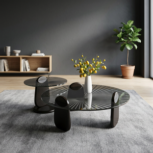 Ensemble de tables basses rondes modernes en verre trempé, design emboîtable, meubles de salon, cadre en métal noir - Product Image 4