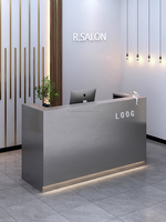 Comptoir de réception en acier inoxydable argenté de haute qualité, mobilier de beauté, comptoir de caisse de salon, bureau d'accueil avec lumières