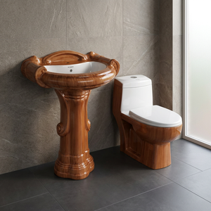 Conjunto de Lavabo de Cerámica Moderno de Diseño Bicolor Blanco con Pedestal de Madera y Inodoro de Una Pieza con Sifón - Product Image 1