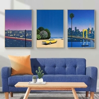 Seni Hiroshi Nagai Cetak Inkjet Bergaya Vintage Nordic Vaporwave dengan Pemandangan Kota Pantai Berbingkai untuk Dinding Latar Belakang Kafe Restoran