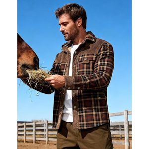 Men's Sherpa Lined Plaid <b>Flannel</b> Shirt <b>Jacket</b> Corduroy Winter Warm Casual With Pockets - Product Image 2