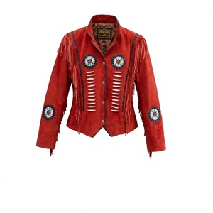 Chaqueta vaquera occidental de gamuza roja para mujer con flecos, bordado de cuentas, cuello alto y mangas largas para otoño - Product Image 1