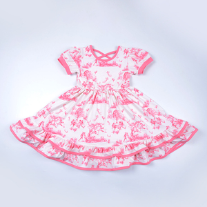 Vestito Estivo per Bambine con Stampa Toile De Jouy Rosa, Abito a Maniche Corte per Feste, Compleanni e Servizi Fotografici - Product Image 6