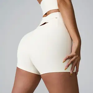 2024 Primavera Verano mujer Fitness Yoga pantalones cortos de secado rápido de tres puntos de cintura alta caderas cruzadas patrón sólido para adultos