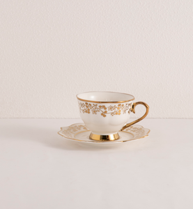 Vajilla y Juego de Té de Porcelana Fina, Color Blanco con Diseño Floral Dorado, Borde Festoneado, Plato, Tazón, Tetera, Regalo para Bodas y Hoteles - Product Image 5