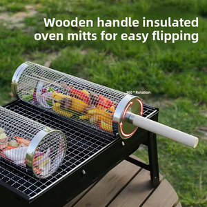 Camping Portable 304 Stainless Steel Wooden Handle Barbecue Cylinder <b>Grill</b> Basket Outdoor BBQ <b>Mesh</b> Basket Rolling <b>Grill</b> Cage - Product Image 2