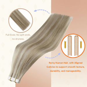 Extensions de cheveux humains Remy à bandes adhésives invisibles, <span class=keywords><strong>blond</strong></span> cendré avec mèches <span class=keywords><strong>blond</strong></span> <span class=keywords><strong>platine</strong></span> - Product Image 2