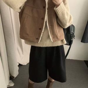 <b>Women's</b> <b>Brown</b> Sleeveless Suede <b>Vest</b> With Pocket Warm Short Woolen Outerwear Autumn Winter Loose Fit Coat - Product Image 4