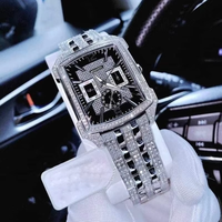 Buzlu Görünümlü Erkek Saati Tamamen Elmas Kaplı Tonneau Kasa Siyah Kadran Hip Hop Lüks Bling Çelik Quartz Kol Saati