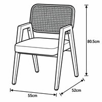 Chaise de salle à manger à bras angulaires avec dossier en rotin suspendu et assise rembourrée sur structure à grain clair pour salle de bain et atelier