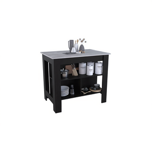 Isola da Cucina Cala con Quattro Gambe, Tre Ripiani, Piano in Marmo Ibiza Nero, Stile Moderno, Carrello per Cucina - Product Image 1