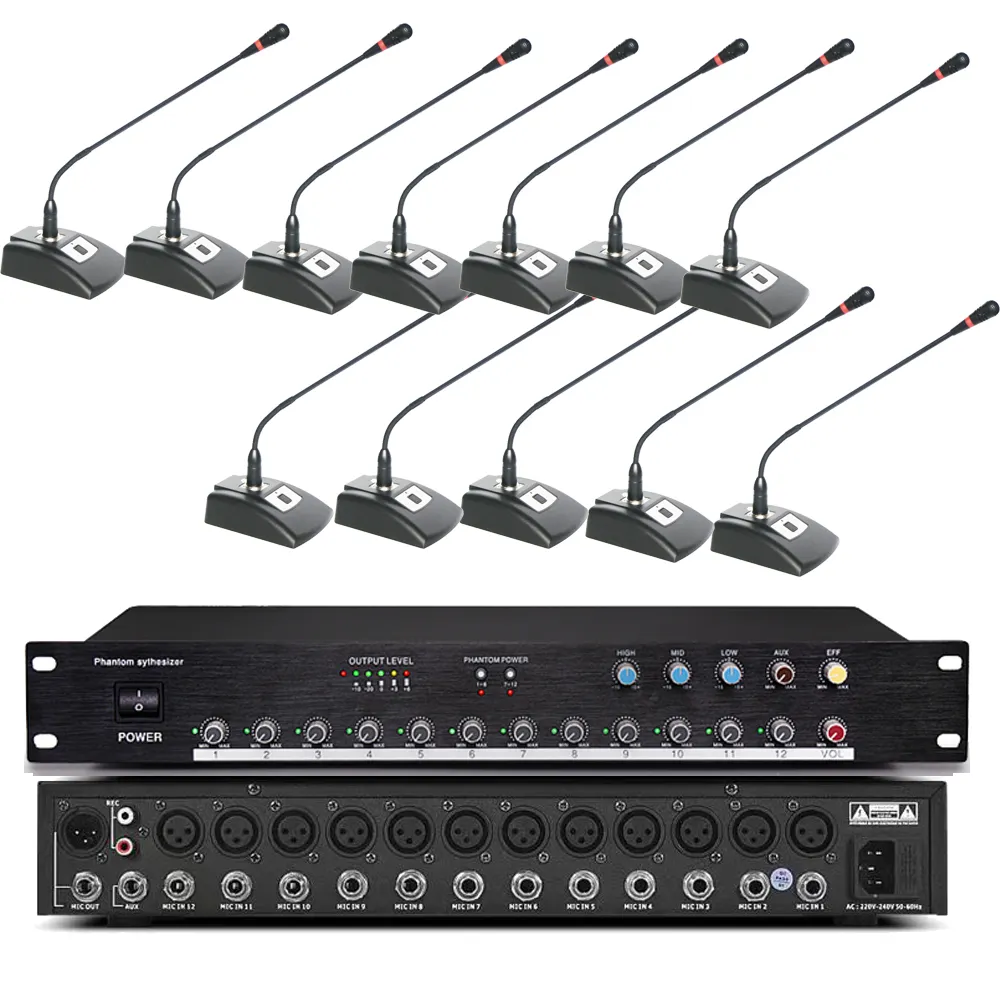 Pro 1 bis 12 Tisch konferenz Schwanenhals mikrofons ystem 12 Meeting Mic 5m Kabel 12 Lautstärke regler ECHO BASS Mixer