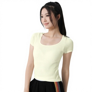Summer <strong>Blouse</strong> Chest Pads One-Piece <strong>Cup</strong> U-Neck Slim-Fit Figure-Lifting Short Sleeve Streetwear Running Pilates Fitness Top - Product Image 1