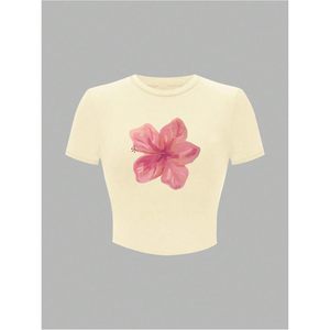 Floral Graphic Crop Top Women Short Sleeve Slim Fit Summer T <b>Shirt</b> <b>Y2k</b> Trendy 100% Cotton Jersey Breathable Preppy Style - Product Image 5