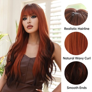 MOQ1, pelucas sintéticas largas <span class=keywords><strong>de</strong></span> pelo ondulado rojo marrón con reflejos negros con flequillo para mujeres negras, <span class=keywords><strong>cabello</strong></span> <span class=keywords><strong>Natural</strong></span> para uso diario - Product Image 5