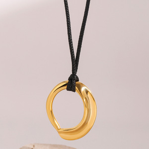Stainless Steel Geometric Pendant <b>Necklace</b> 18k Gold Plated Openwork Design Black Waxed Cord Jewelry - Product Image 4