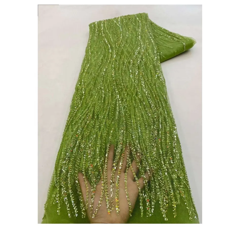 دانتيل فرنسي أخضر اللون مع ترتر ثقيل أقمشة دانتيل زفاف للنساء ملابس فستان زفاف