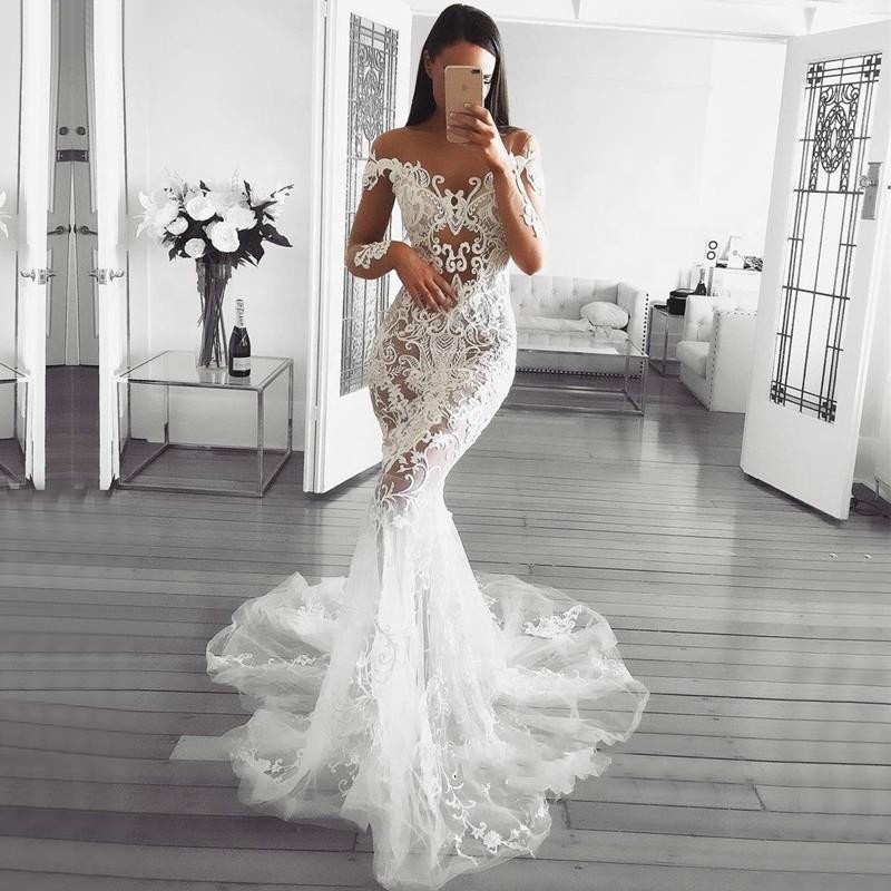 Estilo de la sirena de Ucrania de lujo de mujer de manga larga vestido de novia 2019