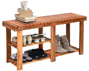 3 Tier Shoe Rack Banco, Premium Acacia Wood Storage Bench Multifuncional Shoe Organizer com Botas Sapato De Armazenamento Prateleira com Assento