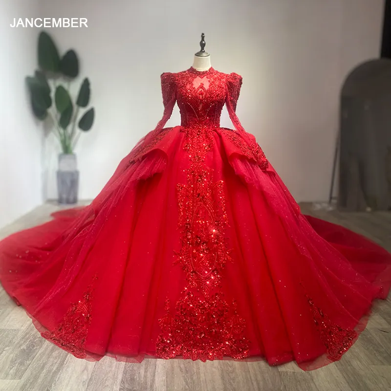 Vestidos de novia rojos de lujo Manga larga Cuello alto Apliques con cordones Vestidos de novia de la Iglesia Wm30