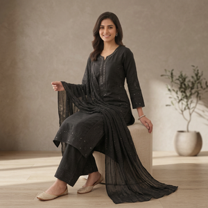Ensemble Salwar Kameez pour femme, grande taille, en soie noire, style ethnique indien, avec Kurta, Palazzo et Dupatta, broderie riche, idéal pour les fêtes de Bollywood, vente en gros - Product Image 1