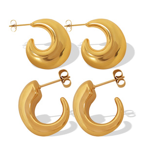 Geometric C-Shaped Gold <b>Hoop</b> Earrings Stainless Steel For Women Fashion Jewelry - Product Image 5