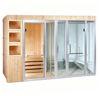 Salle de sauna à vapeur moderne en bois massif pour intérieur, avec douche à séparation humide/sèche et panneau de commande informatique, pour maison et villa