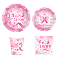 Huancai fournitures de fête de sensibilisation au cancer du sein ruban rose assiettes en papier tasses serviettes ensemble de vaisselle jetable pour décor de fête
