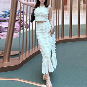 Unique Design Pompom Embroidery Sleeveless Crop Top Ruffles Slit 2 Piece Women Skirt <b>Set</b> Fashion - Product Image 1