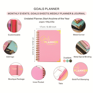 Agenda Planner Giornaliera, Settimanale e Mensile Personalizzata Senza Data, Taccuino A5 con Copertina Rigida in Pelle e Rilegatura <span class=keywords><strong>a</strong></span> Spirale - Product Image 4