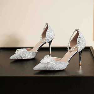 6692X-201 Fashion Trend Flower Heeled Sandals Women Pointed <b>Toe</b> Stiletto High Heel Pearl Strap Microfiber Leather Lining Wedding - Product Image 1