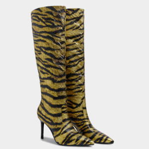 Kalın sivri burun Stilettos diz-yüksek kadın kaplan şerit batı moda çizmeler rahat yumuşak kış sonbahar bahar için - Product Image 4