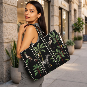 Sac fourre-tout en toile de coton noir brodé, motif floral céleste doré, style bohème, pliable, en rotin, grande capacité, sac de voyage - Product Image 3