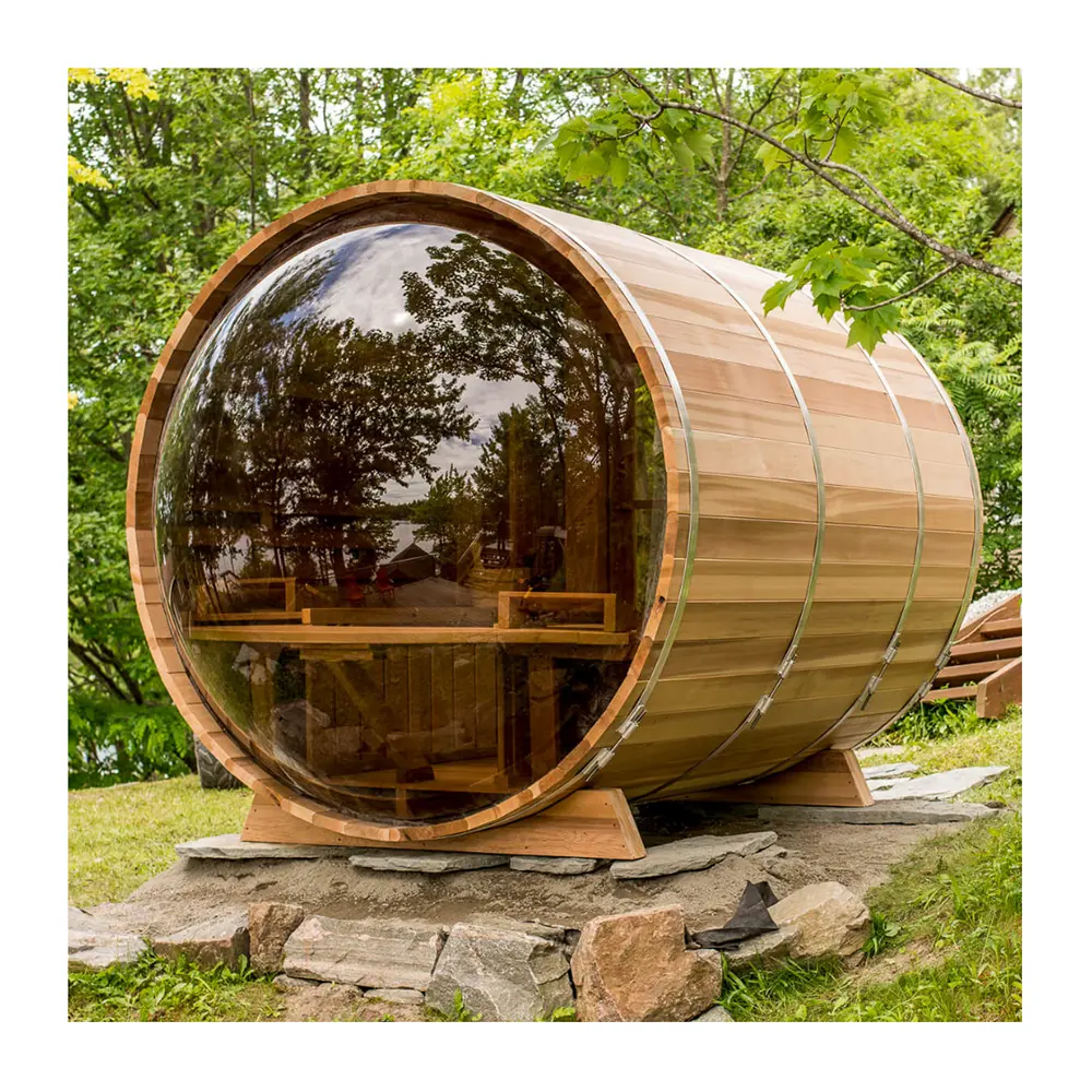 Smartmak 2-8 Person Outdoor Barrel Wooden Steam Sauna With Porch