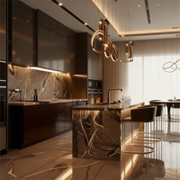 Ensemble de meubles de cuisine de luxe européens JINGSHUN avec îlot, en bois PET, pierre frittée, laque et finition mélaminée, avec robinet