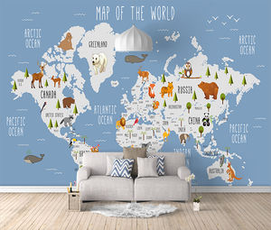 Papel Tapiz Moderno Impermeable con Mapa del Mundo de Dibujos Animados para Niños, Mural Educativo con Ilustraciones de Animales para Decoración de Cuarto de Niños, Baño y Dormitorio - Product Image 3