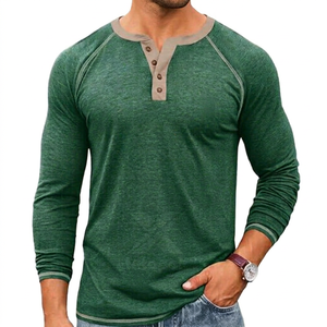 Solid Knitted Cotton V-neck <b>Long</b> <b>Sleeve</b> Regular Fit T-Shirt Silk Screen Printing Quick Dry Fabric <b>Men</b> Club Event Wear 180g - Product Image 1