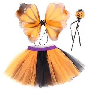 Women's Halloween Pumpkin Spider Wing Wand And Tutu Skirt Costume Set For Party And Cosplay