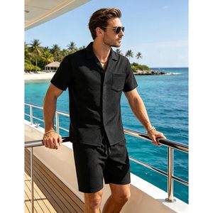 FOXA Mens 2 Piece Summer Outfit <b>Short</b> Sleeve Shirt And <b>Shorts</b> Set Breathable Woven <b>Polyester</b> - Product Image 3
