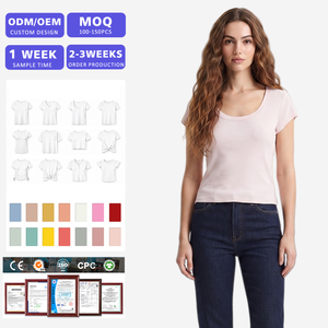 เสื้อยืดครอปคอกว้าง แขนสั้น ทรงเข้ารูป สีพื้น ผ้าฝ้ายนุ่ม สวมใส่สบายทุกวัน เหมาะสำหรับใส่ลำลอง  BSCI OEM - Product Image 1