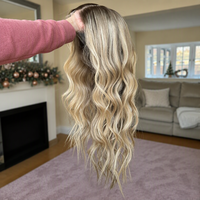 Perruque juive en cheveux vierges russes, blond cendré avec mèches balayage, sans colle, avec dessus en dentelle HD, double tirage, nœuds simples invisibles, vente en gros