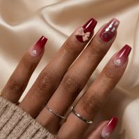 Lot de 24 faux ongles à presser personnalisés, marque privée, bordeaux ombré, forme cercueil, nœud 3D, cœur, réutilisables, pour salon de beauté