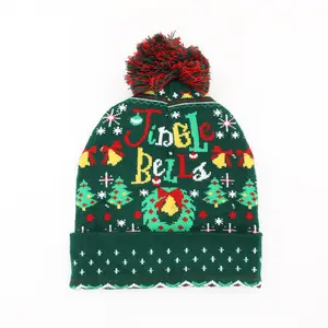 Unisex Daily Use 100% Acrylic Cuffed Knit Beanie Hats Custom LED Beanie Christmas Tree Pattern Beanies