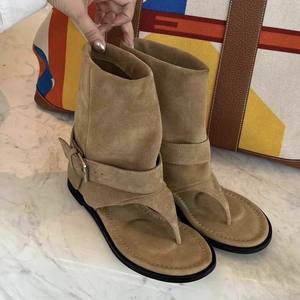 Sandales bottes d'été 2026 pour femme, à bride unique, en cuir véritable, plates, style tongs, bottines western - Product Image 1