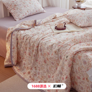 All Cotton Double Layer Yarn Printed Summer Quilt Set <b>4</b> Pieces Floral Pattern Cooling For Baby And Children - Product Image 2