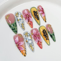 TSZS 10 pièces – Faux ongles de luxe longs, forme stiletto, peints à la main, motif floral 3D Océan d'été, en gel à presser, haute qualité