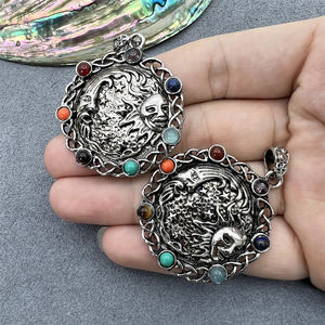 Liontin bentuk matahari perak antik dengan antik batu alam Cabochons pengaturan Bezel tatahan Reiki penyembuhan jimat perhiasan kalung - Product Image 6